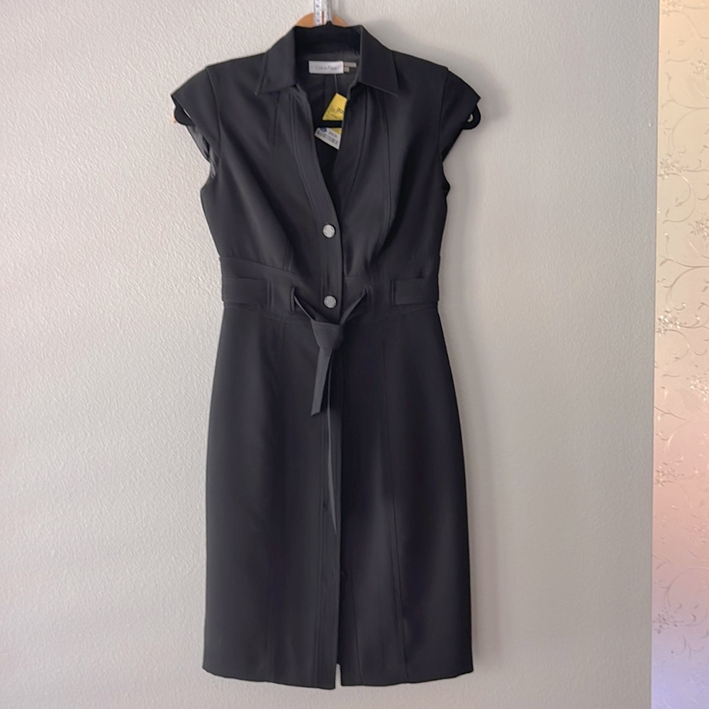 Calvin Klein black midi A-line dress botton down, short sleeve. size 2 NWT.